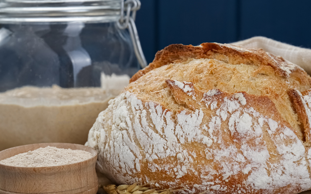 photo of sourdough bread and starter on cutting board