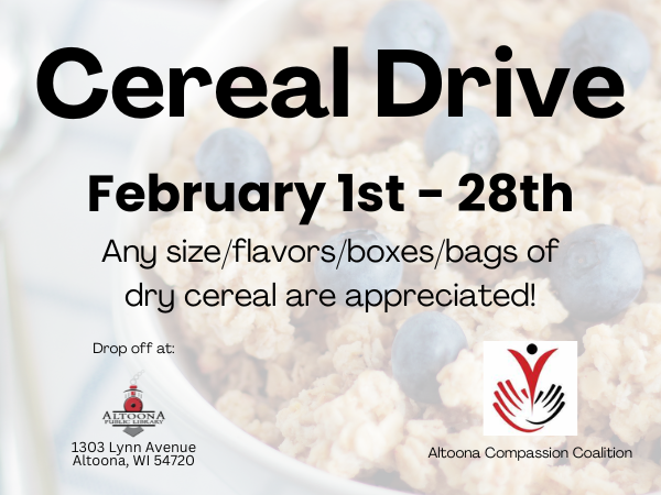 cereal drive, feb 1st-28th with bowl of cereal in background