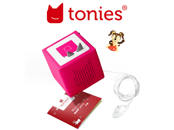 pink toniebox, white cord, puppy tonie and direction packet