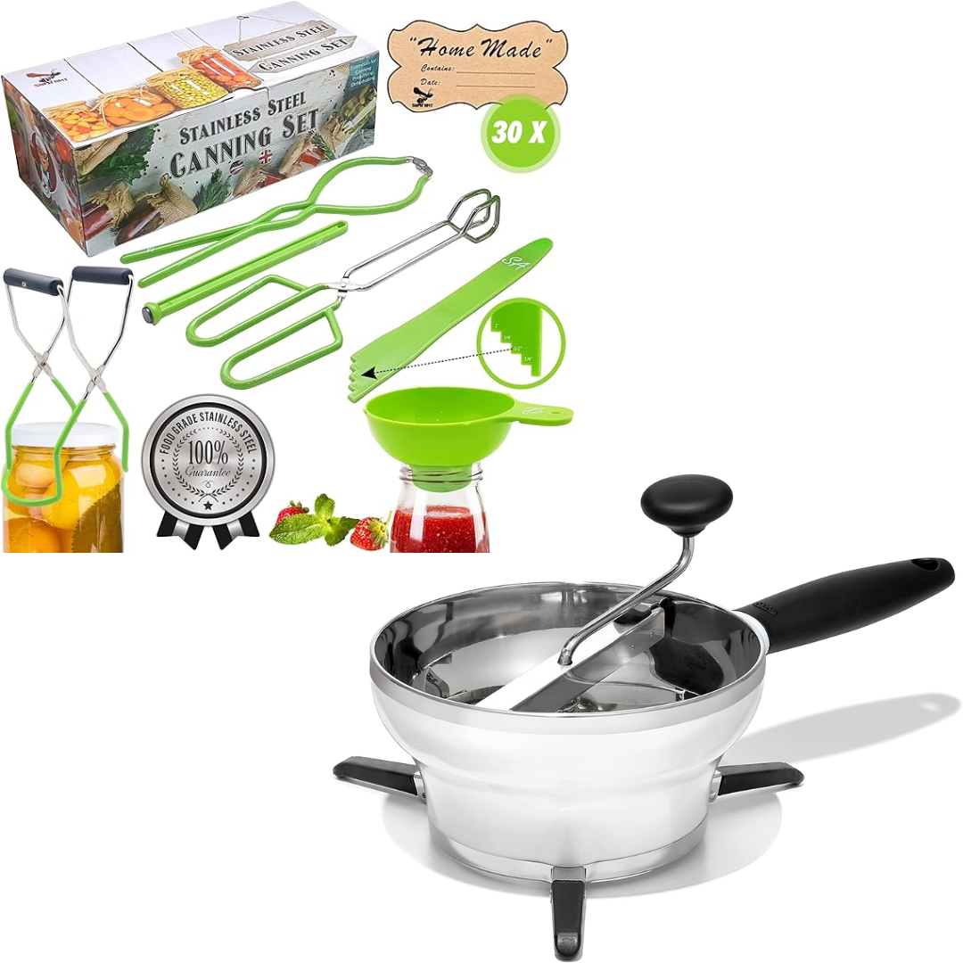 green canning tools and silver food mill pan