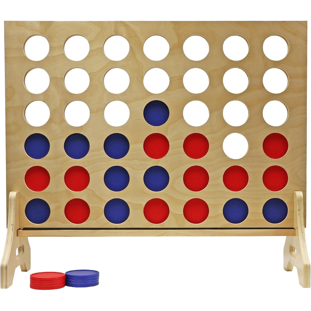 connect four yard game with blue and red tokens