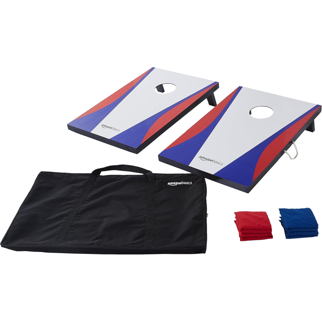 red white and blue cornhole board, blue bean bags and black carrying case