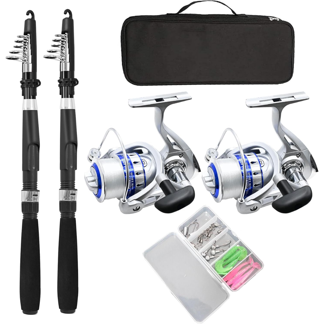 black fishing bag, two black and silver fishing rods, two silver spinner rods with blue trim and small tackle box with variety of baits