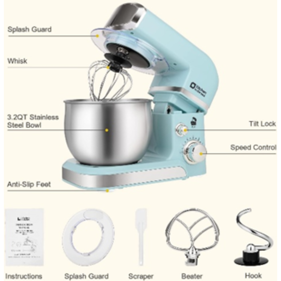 sky blue countertop mixer with silver attachments labelled with item headings