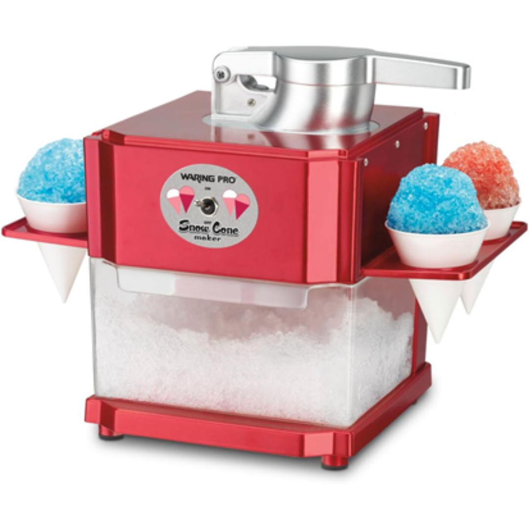 red snowcone maker filled with ice and a red and blue completed snowcone beside it